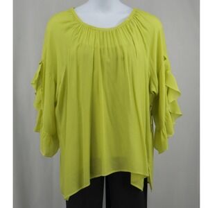 NWT MULTIPLES 2X Chartreuse Ruffle Sleeve Tunic Top Asymmetrical Blouse‎